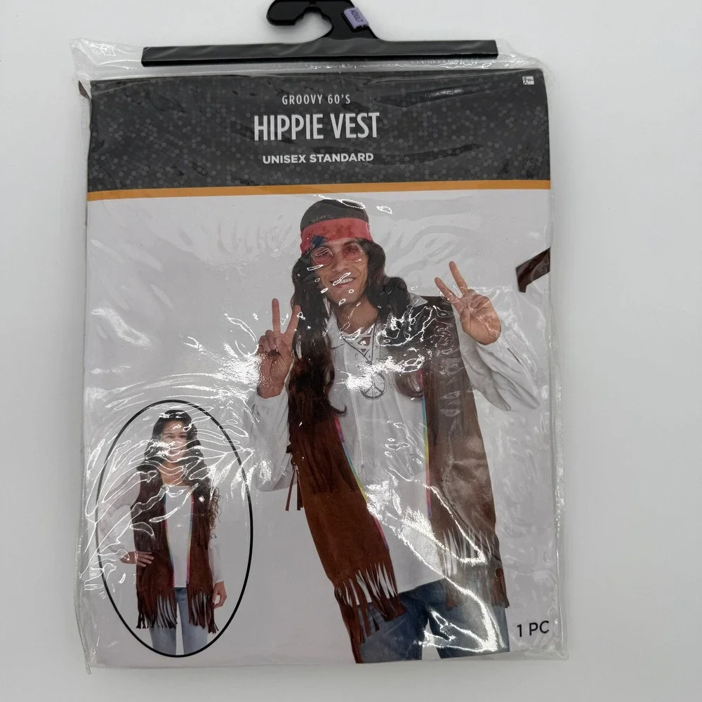 HIPPIE VEST COSTUME Brown Suede Fringe Rainbow Trim Unisex Standard NEW